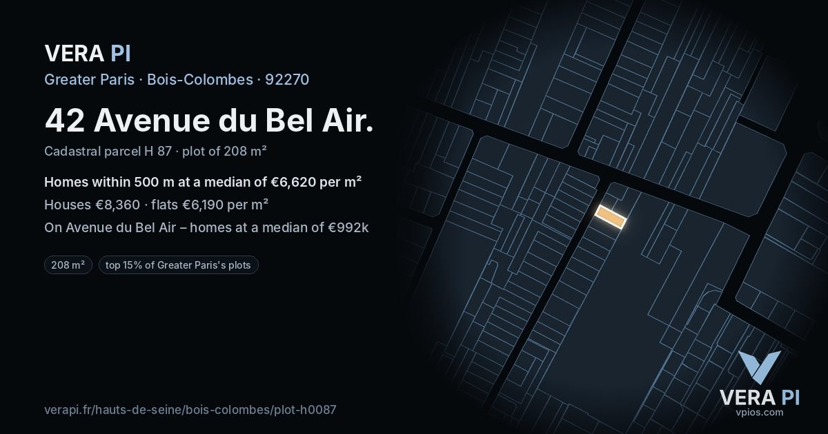 42 Avenue du Bel Air, Bois-Colombes at night – the plot lit, the parcels around coloured by the prices near them