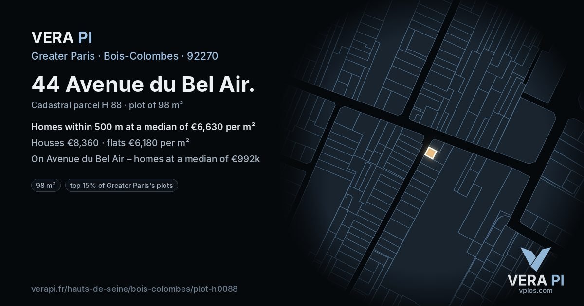 44 Avenue du Bel Air, Bois-Colombes at night – the plot lit, the parcels around coloured by the prices near them