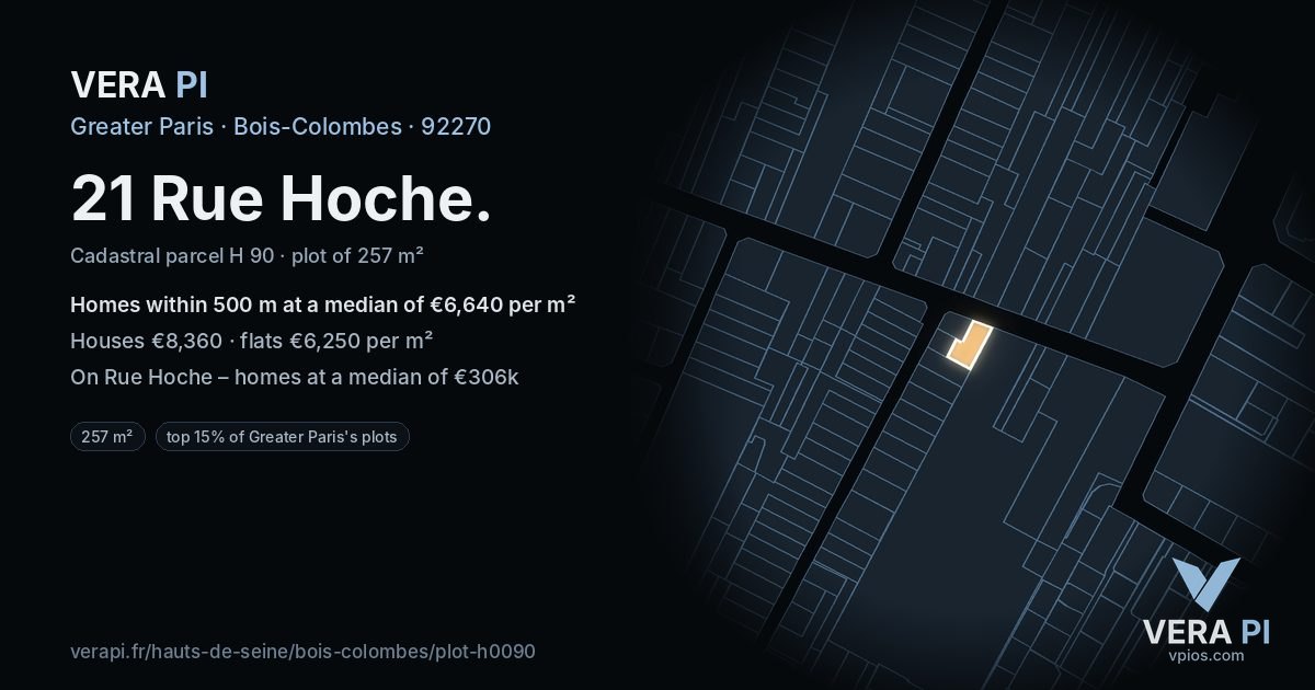 21 Rue Hoche, Bois-Colombes at night – the plot lit, the parcels around coloured by the prices near them