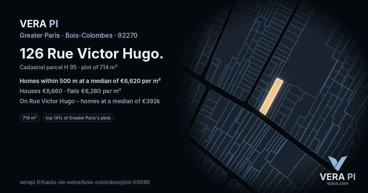 126 Rue Victor Hugo, Bois-Colombes at night – the plot lit, the parcels around coloured by the prices near them
