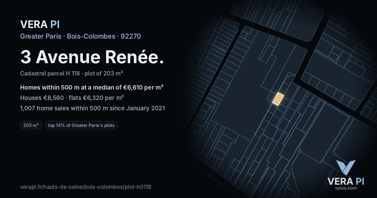 3 Avenue Renée, Bois-Colombes at night – the plot lit, the parcels around coloured by the prices near them