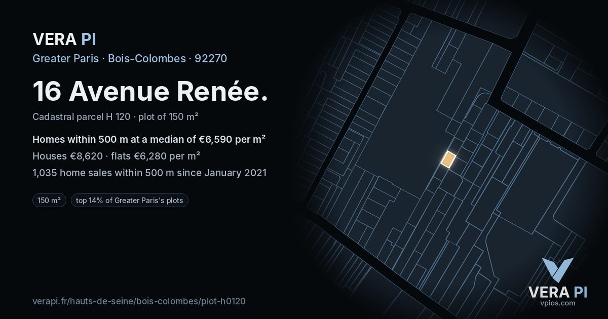 16 Avenue Renée, Bois-Colombes at night – the plot lit, the parcels around coloured by the prices near them