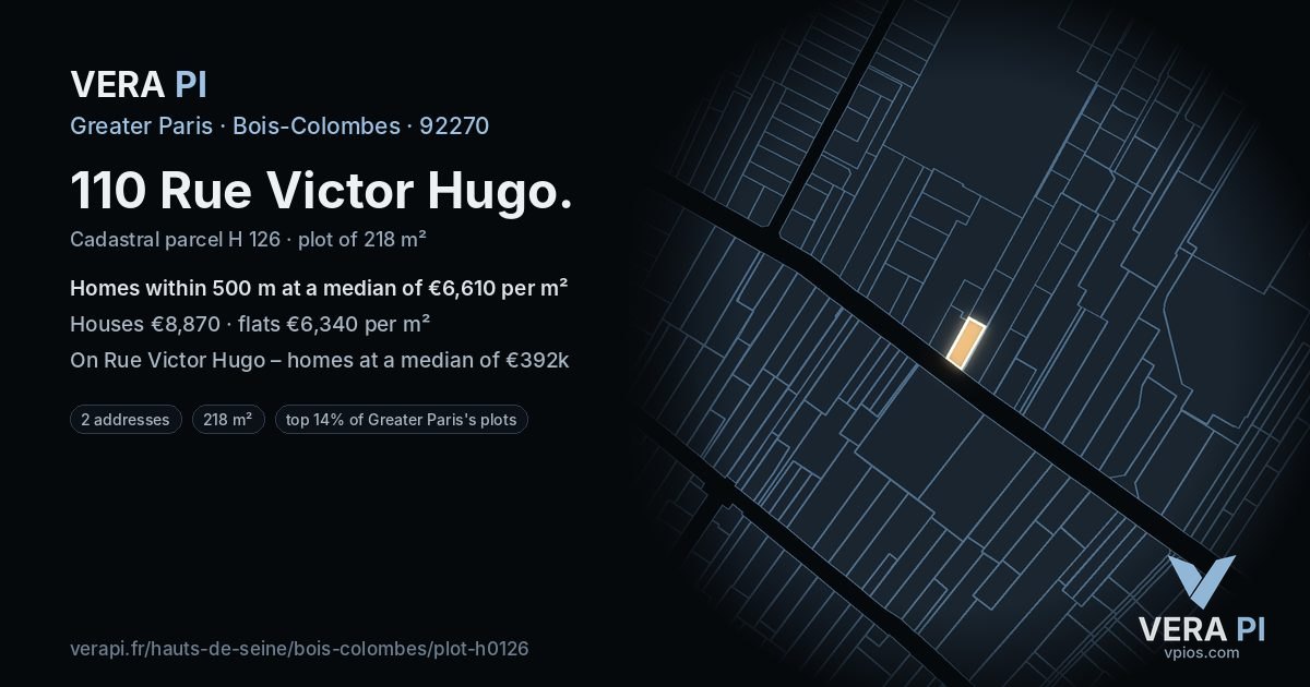 110 Rue Victor Hugo, Bois-Colombes at night – the plot lit, the parcels around coloured by the prices near them