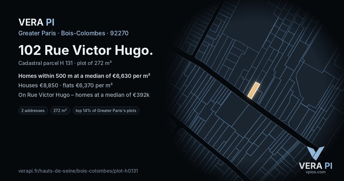 102 Rue Victor Hugo, Bois-Colombes at night – the plot lit, the parcels around coloured by the prices near them