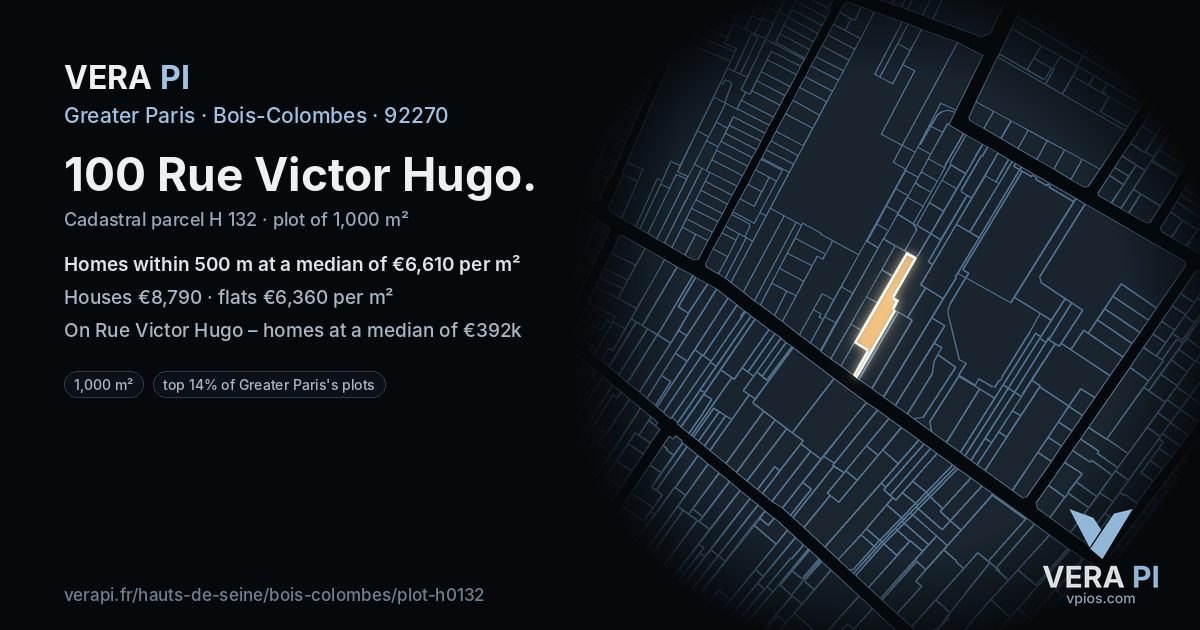 100 Rue Victor Hugo, Bois-Colombes at night – the plot lit, the parcels around coloured by the prices near them