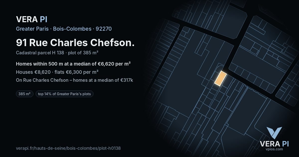 91 Rue Charles Chefson, Bois-Colombes at night – the plot lit, the parcels around coloured by the prices near them