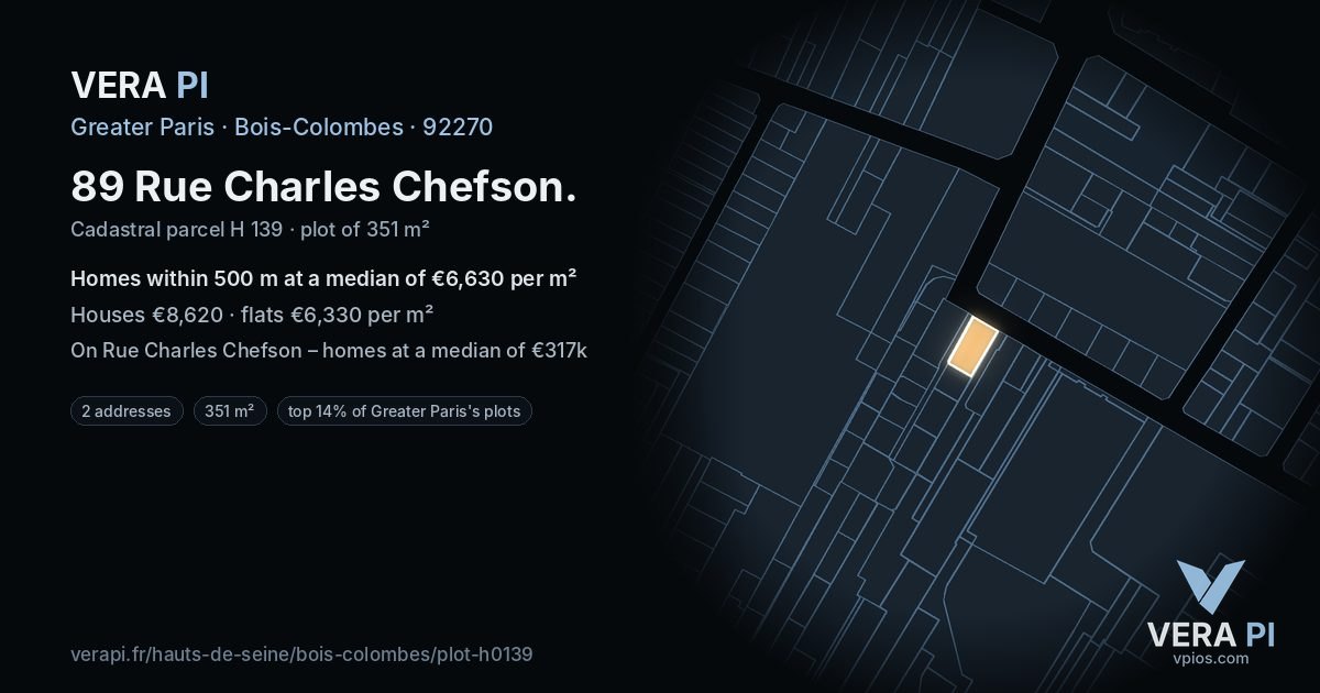 89 Rue Charles Chefson, Bois-Colombes at night – the plot lit, the parcels around coloured by the prices near them
