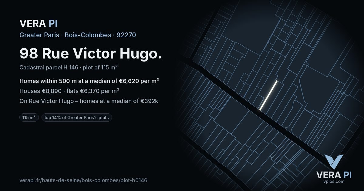 98 Rue Victor Hugo, Bois-Colombes at night – the plot lit, the parcels around coloured by the prices near them