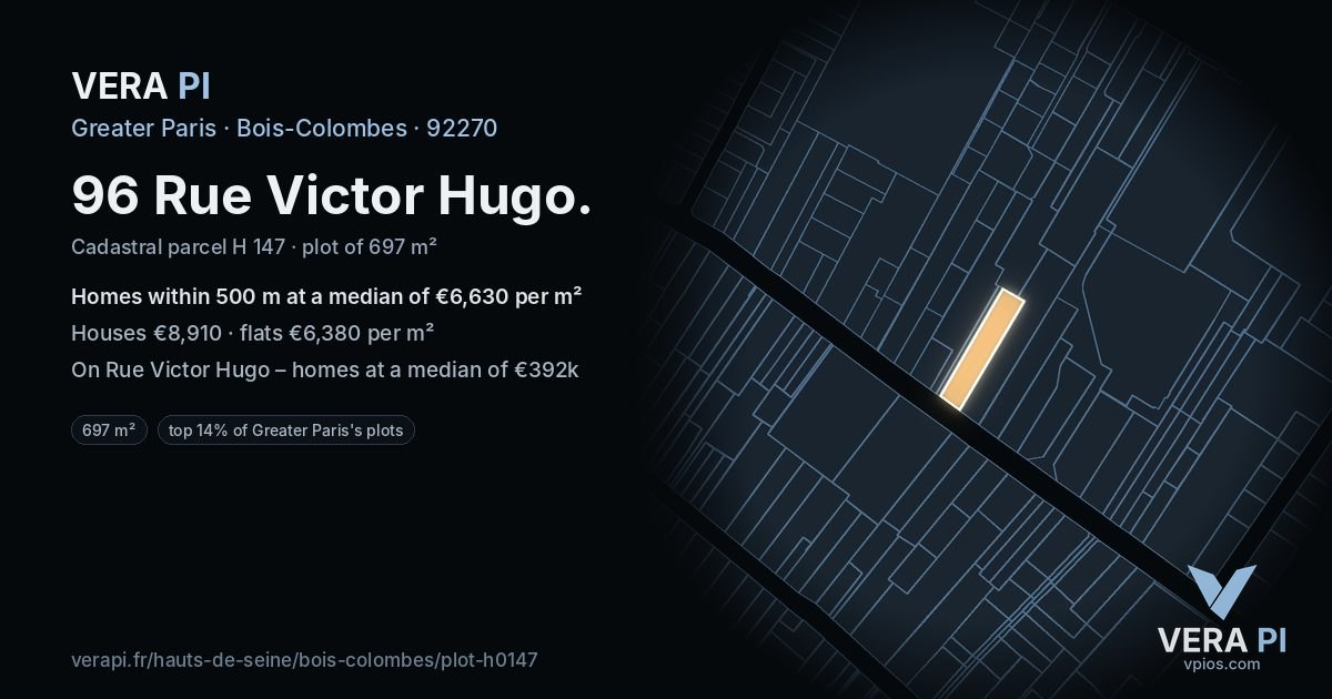 96 Rue Victor Hugo, Bois-Colombes at night – the plot lit, the parcels around coloured by the prices near them