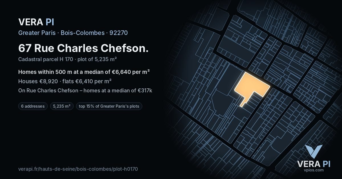 67 Rue Charles Chefson, Bois-Colombes at night – the plot lit, the parcels around coloured by the prices near them