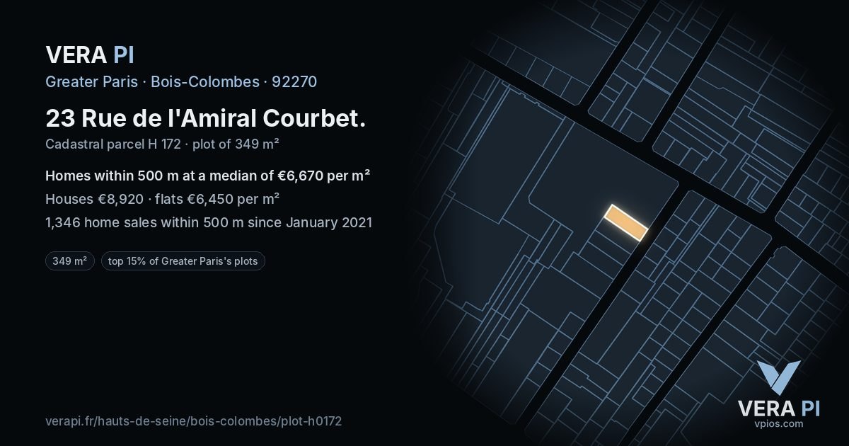 23 Rue de l'Amiral Courbet, Bois-Colombes at night – the plot lit, the parcels around coloured by the prices near them