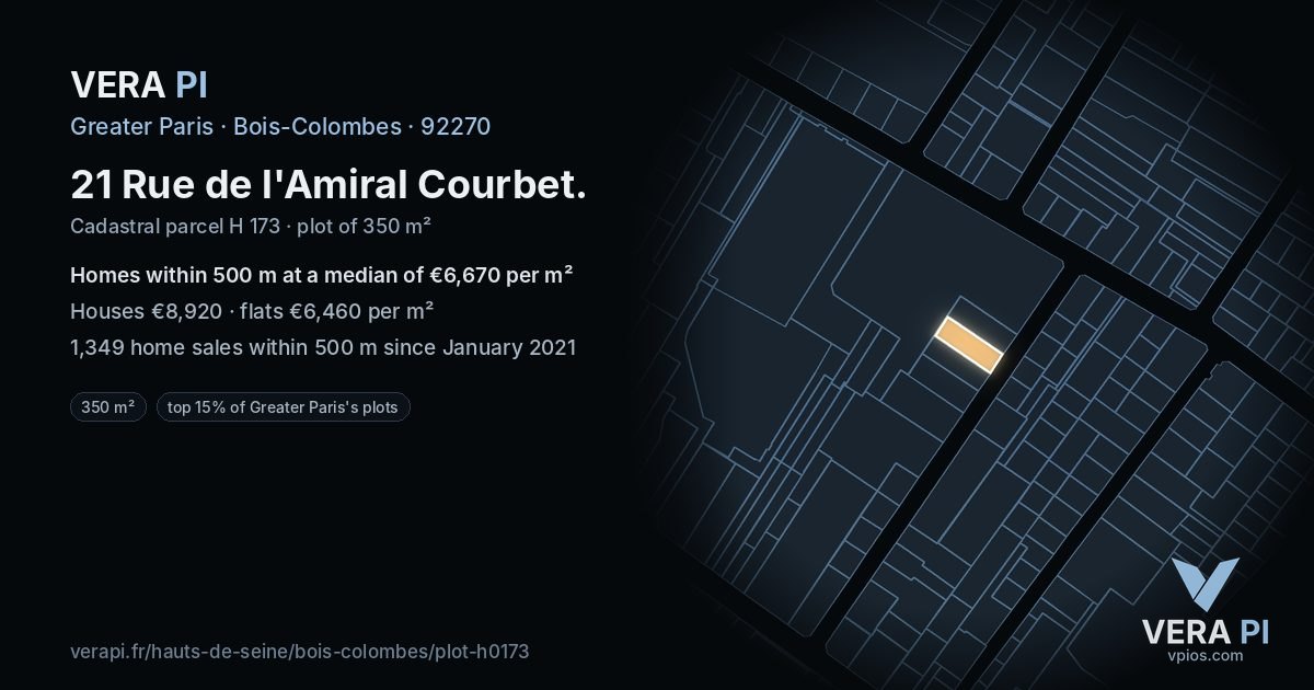 21 Rue de l'Amiral Courbet, Bois-Colombes at night – the plot lit, the parcels around coloured by the prices near them