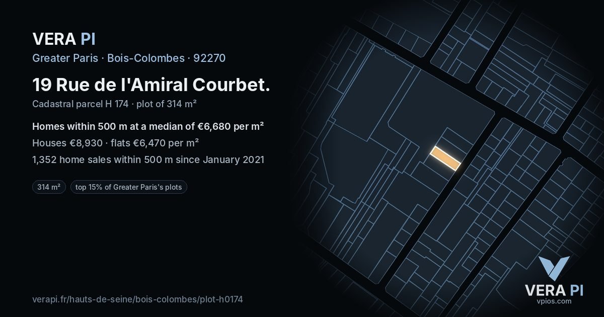 19 Rue de l'Amiral Courbet, Bois-Colombes at night – the plot lit, the parcels around coloured by the prices near them