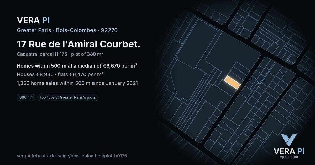 17 Rue de l'Amiral Courbet, Bois-Colombes at night – the plot lit, the parcels around coloured by the prices near them