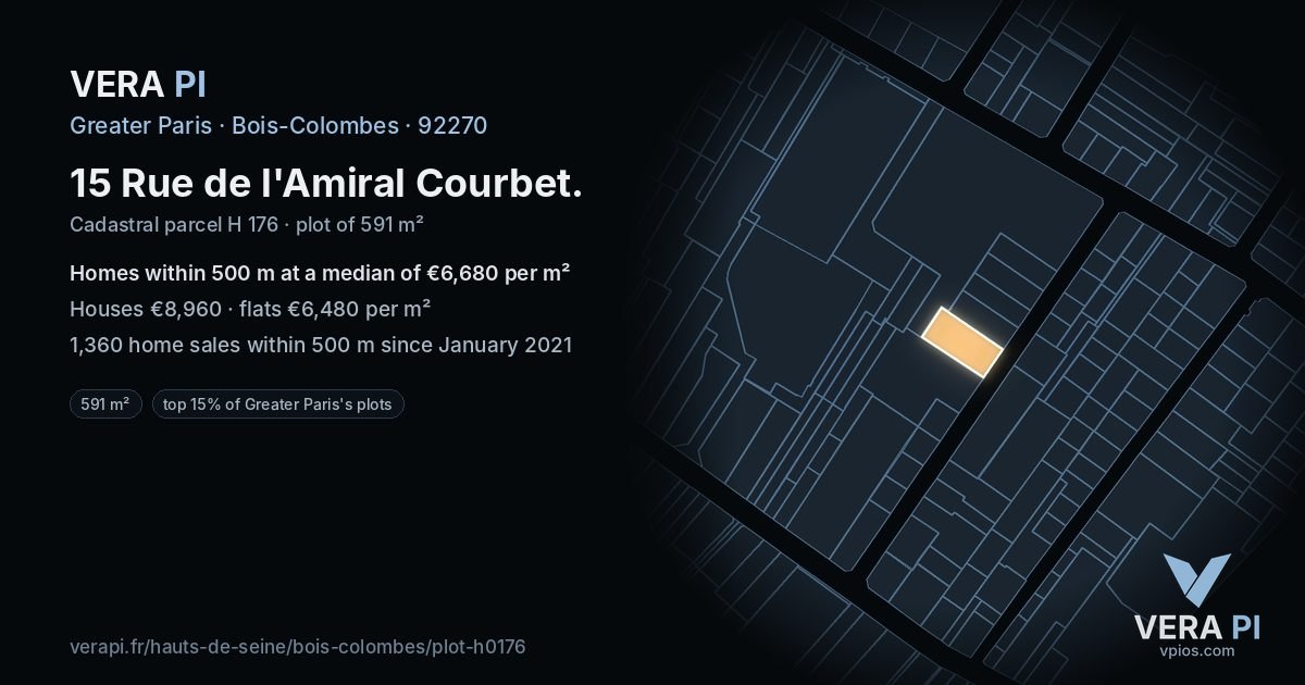 15 Rue de l'Amiral Courbet, Bois-Colombes at night – the plot lit, the parcels around coloured by the prices near them