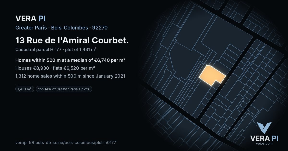 13 Rue de l'Amiral Courbet, Bois-Colombes at night – the plot lit, the parcels around coloured by the prices near them