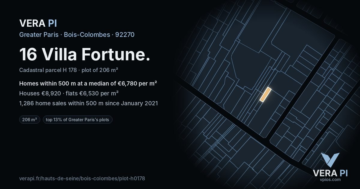 16 Villa Fortune, Bois-Colombes at night – the plot lit, the parcels around coloured by the prices near them