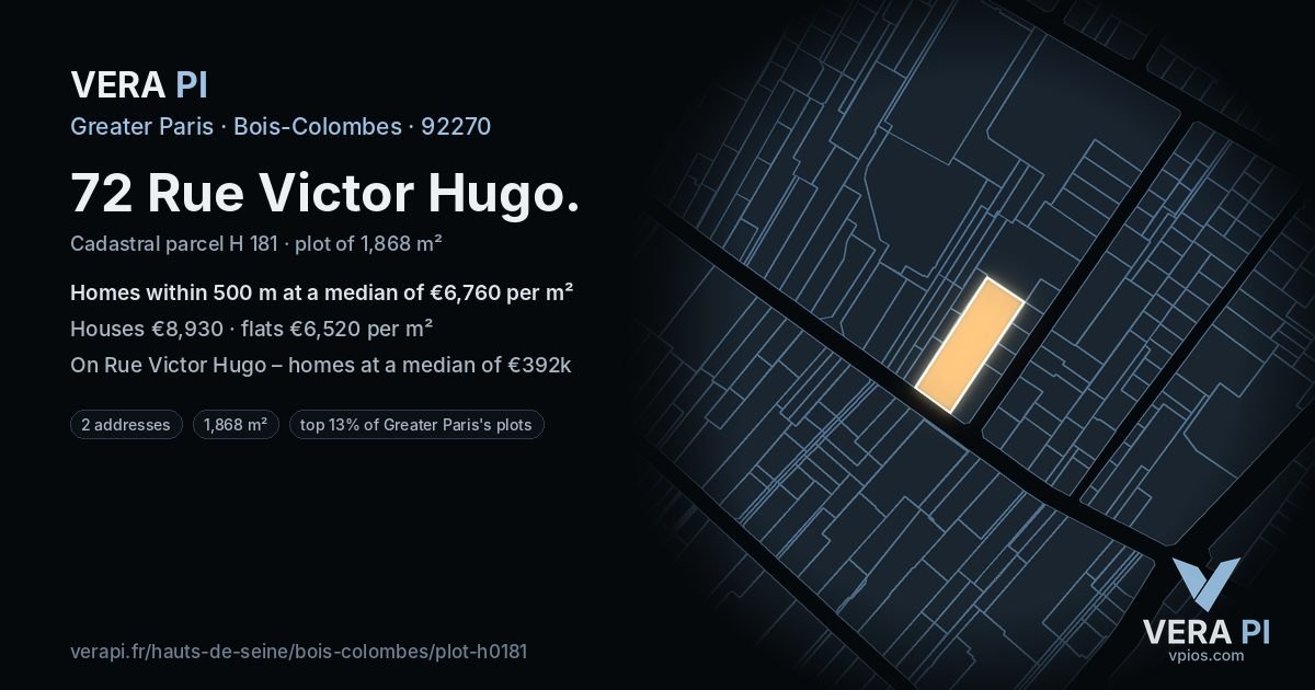 72 Rue Victor Hugo, Bois-Colombes at night – the plot lit, the parcels around coloured by the prices near them