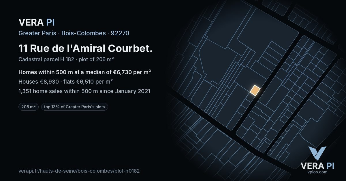 11 Rue de l'Amiral Courbet, Bois-Colombes at night – the plot lit, the parcels around coloured by the prices near them