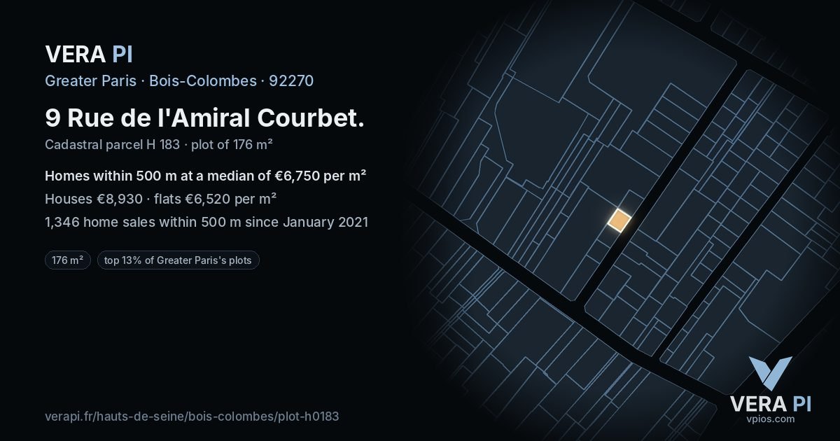 9 Rue de l'Amiral Courbet, Bois-Colombes at night – the plot lit, the parcels around coloured by the prices near them