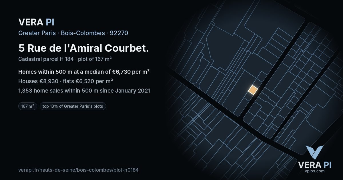 5 Rue de l'Amiral Courbet, Bois-Colombes at night – the plot lit, the parcels around coloured by the prices near them