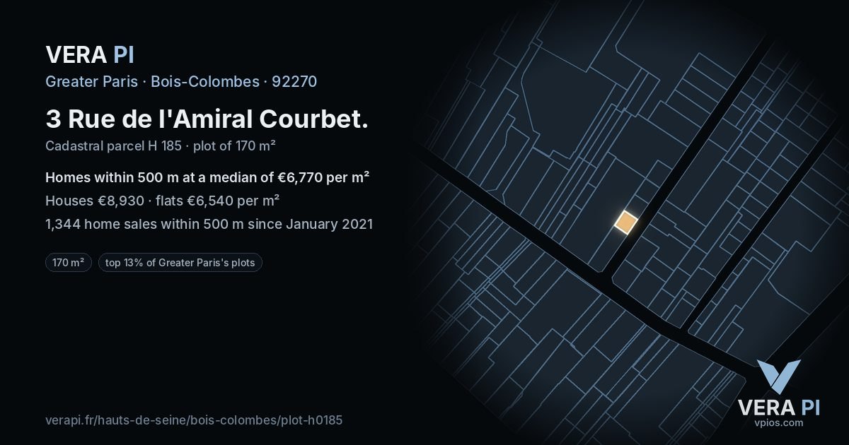 3 Rue de l'Amiral Courbet, Bois-Colombes at night – the plot lit, the parcels around coloured by the prices near them