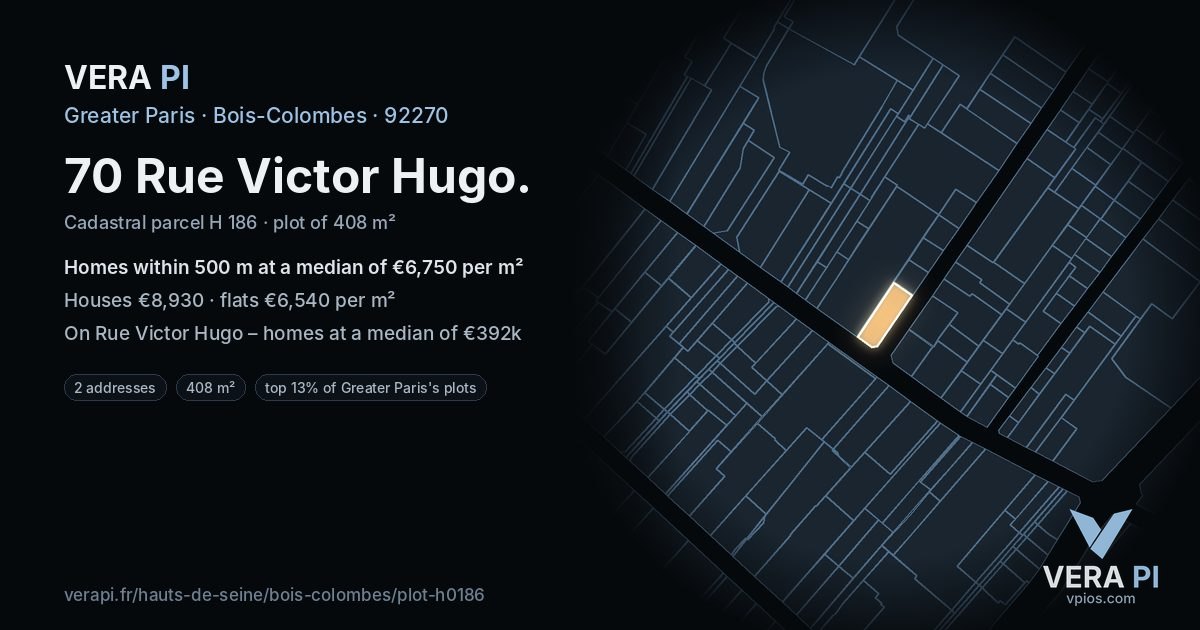 70 Rue Victor Hugo, Bois-Colombes at night – the plot lit, the parcels around coloured by the prices near them
