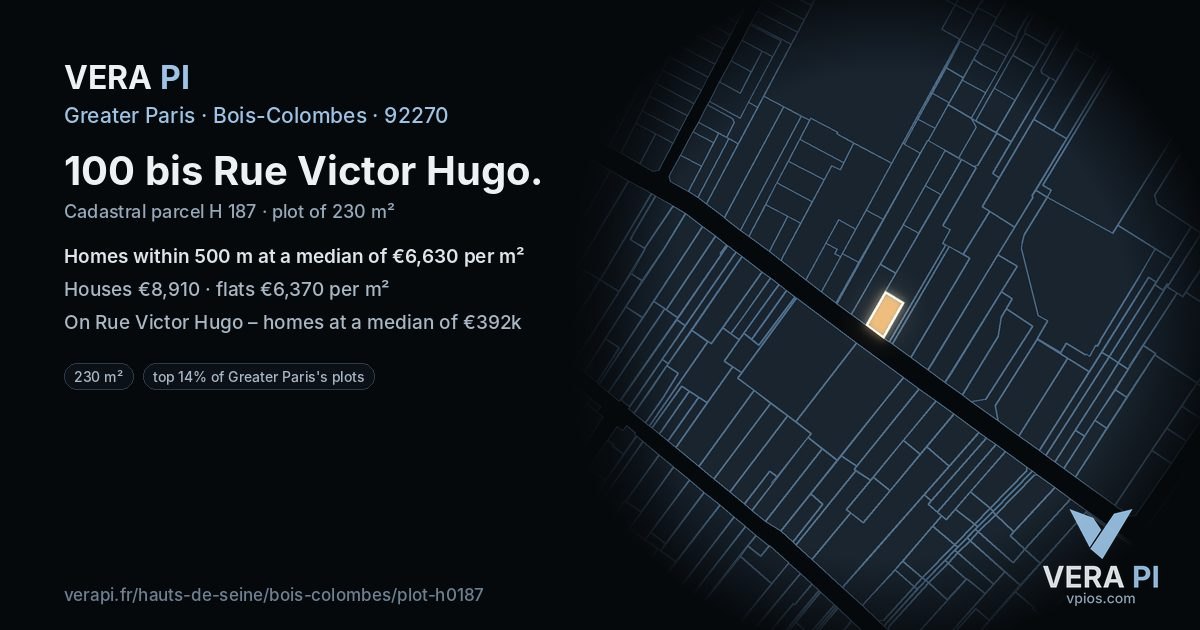 100 bis Rue Victor Hugo, Bois-Colombes at night – the plot lit, the parcels around coloured by the prices near them