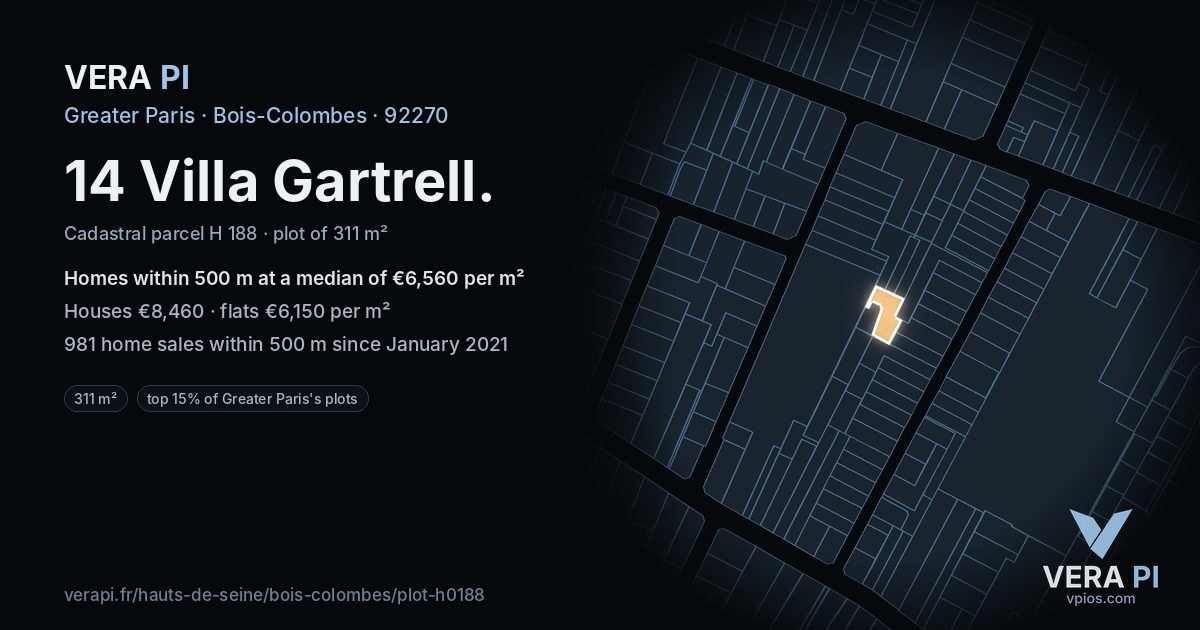 14 Villa Gartrell, Bois-Colombes at night – the plot lit, the parcels around coloured by the prices near them