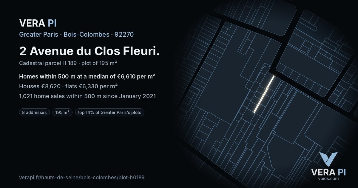 2 Avenue du Clos Fleuri, Bois-Colombes at night – the plot lit, the parcels around coloured by the prices near them