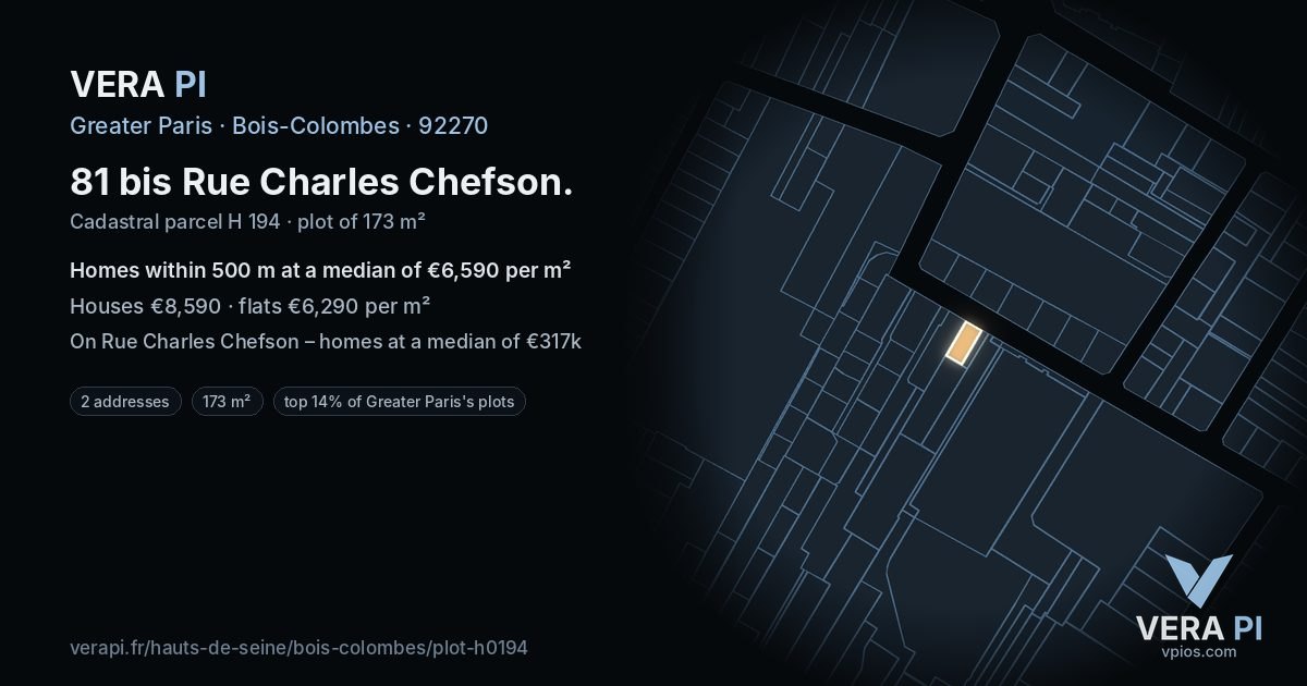 81 bis Rue Charles Chefson, Bois-Colombes at night – the plot lit, the parcels around coloured by the prices near them