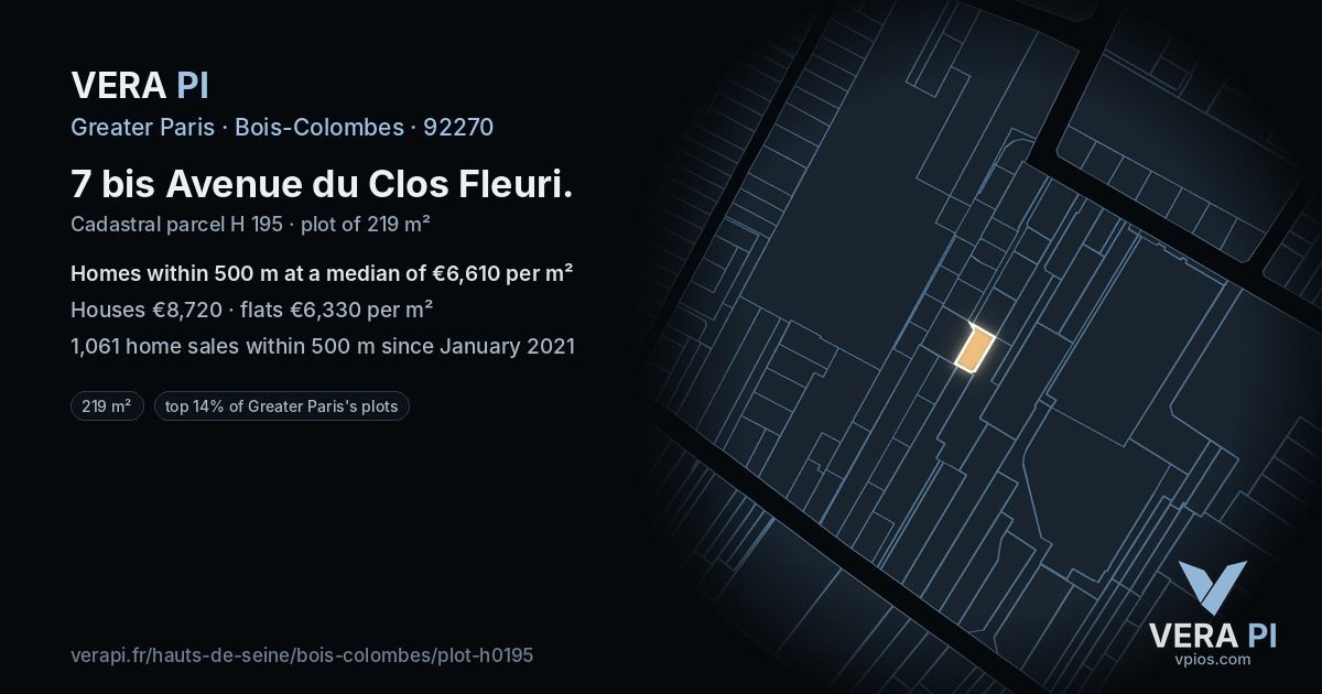 7 bis Avenue du Clos Fleuri, Bois-Colombes at night – the plot lit, the parcels around coloured by the prices near them