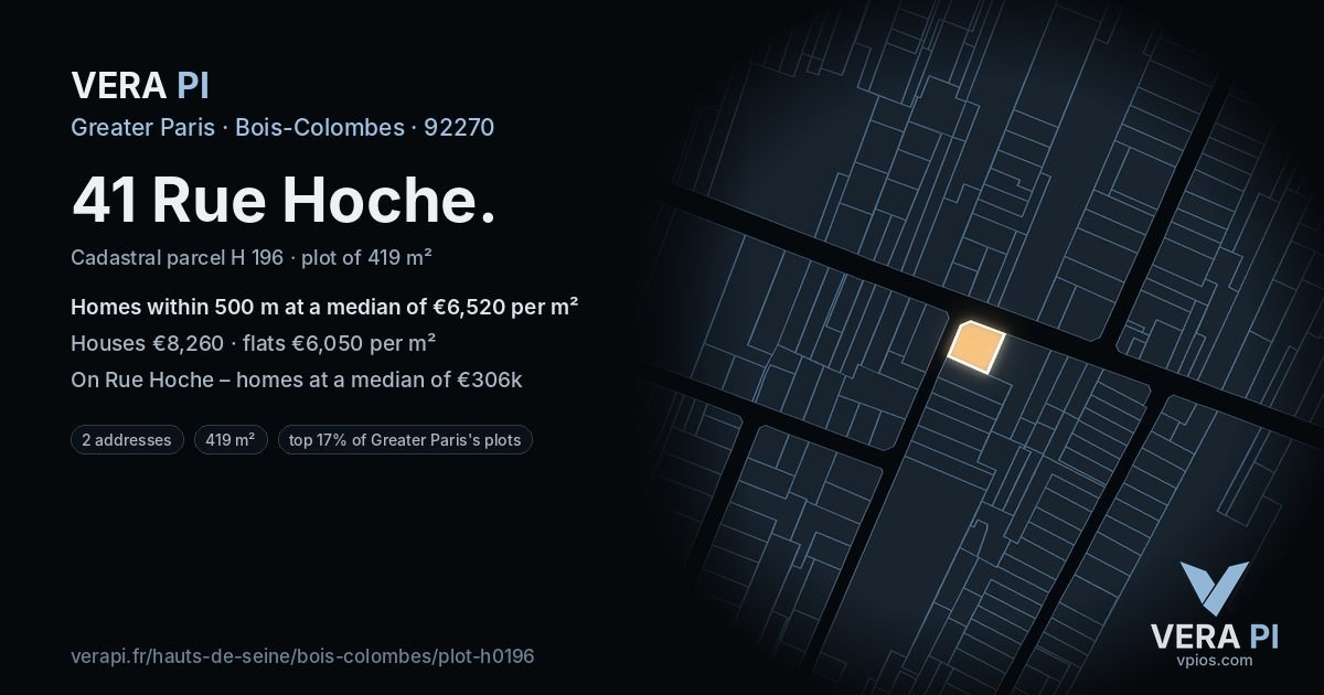 41 Rue Hoche, Bois-Colombes at night – the plot lit, the parcels around coloured by the prices near them