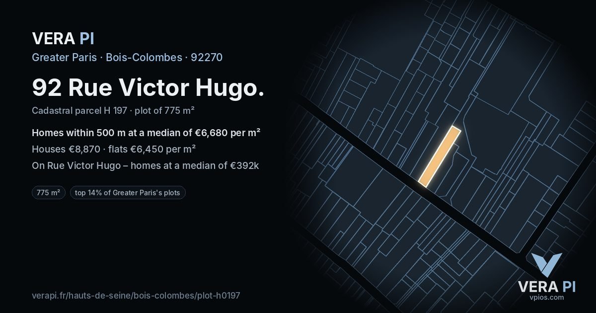92 Rue Victor Hugo, Bois-Colombes at night – the plot lit, the parcels around coloured by the prices near them