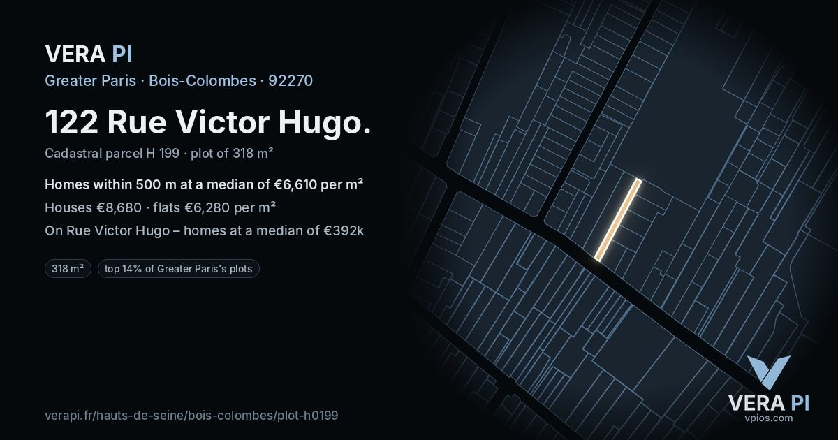 122 Rue Victor Hugo, Bois-Colombes at night – the plot lit, the parcels around coloured by the prices near them