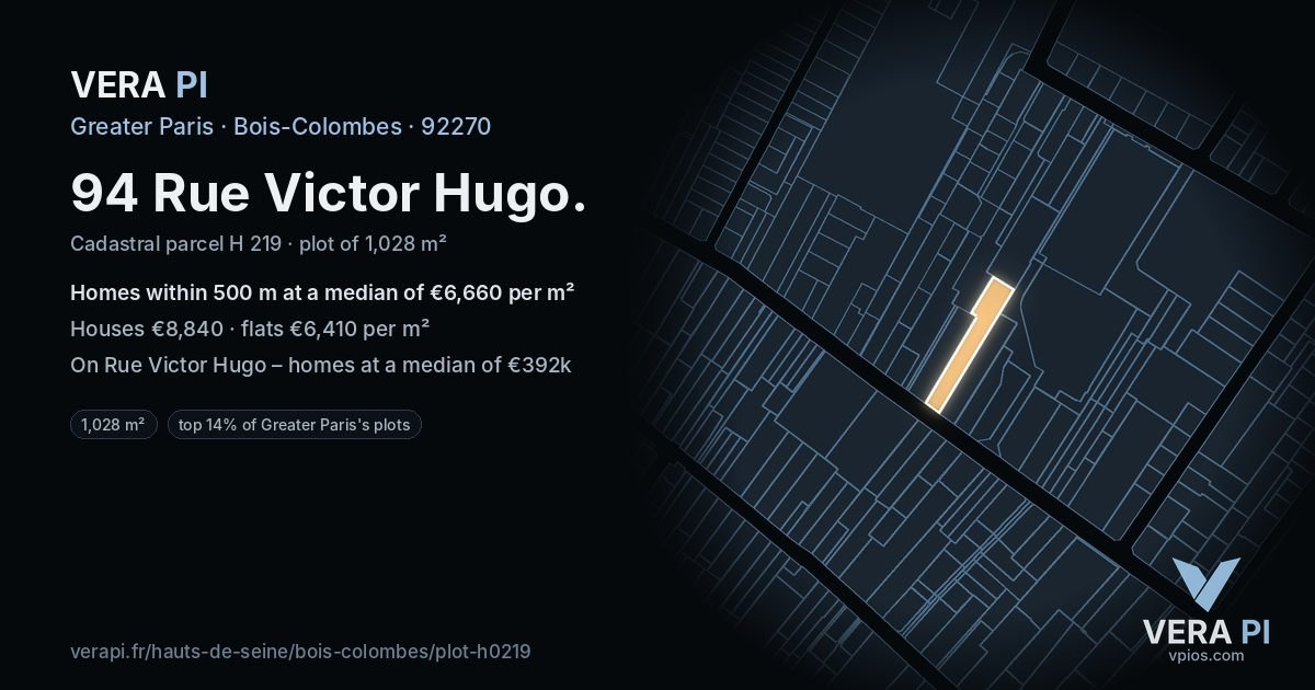 94 Rue Victor Hugo, Bois-Colombes at night – the plot lit, the parcels around coloured by the prices near them