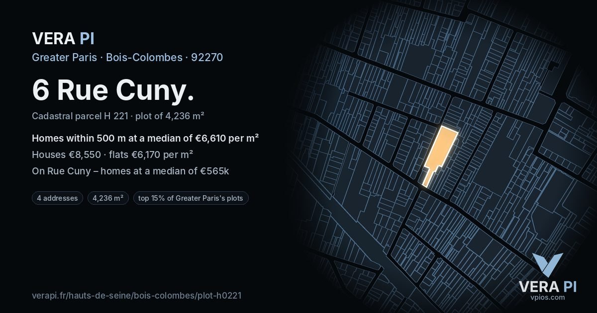 6 Rue Cuny, Bois-Colombes at night – the plot lit, the parcels around coloured by the prices near them