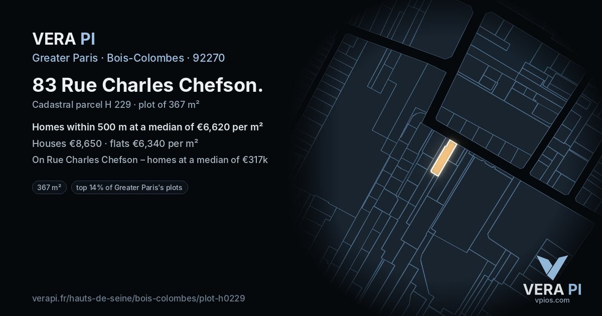 83 Rue Charles Chefson, Bois-Colombes at night – the plot lit, the parcels around coloured by the prices near them