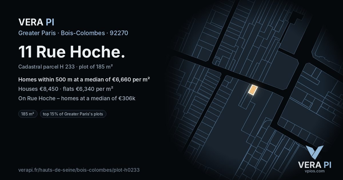 11 Rue Hoche, Bois-Colombes at night – the plot lit, the parcels around coloured by the prices near them