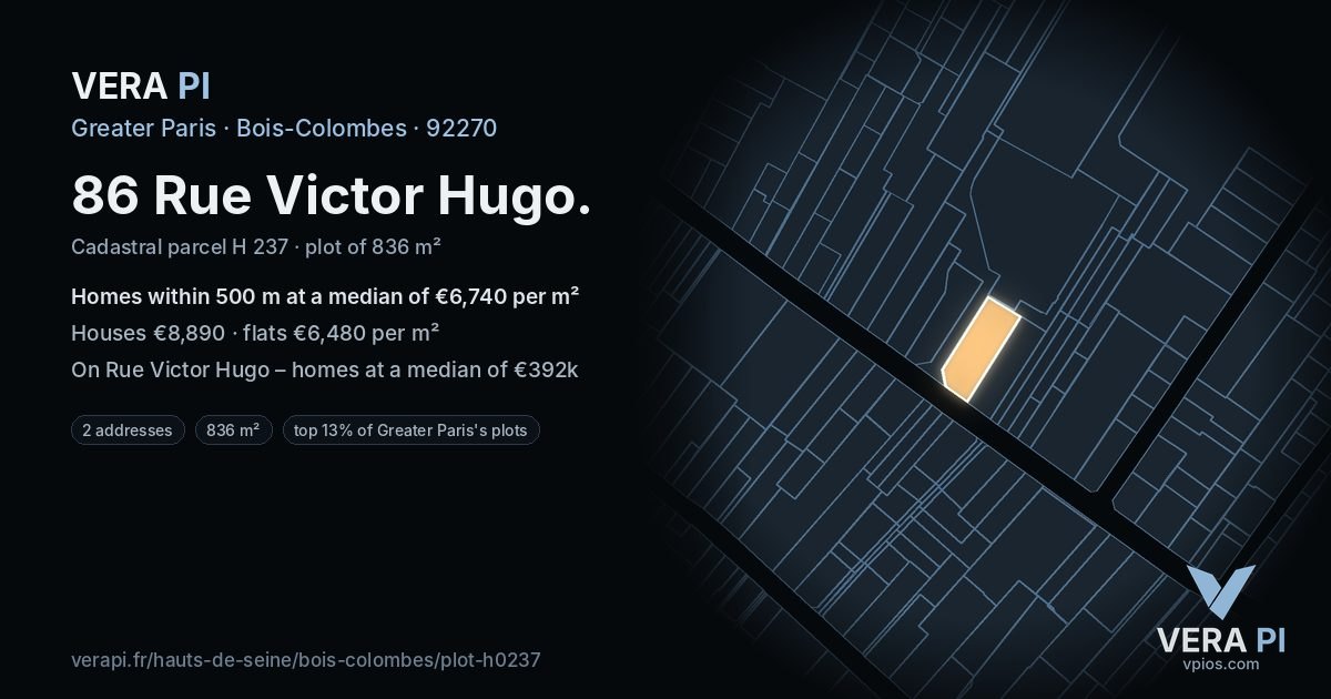 86 Rue Victor Hugo, Bois-Colombes at night – the plot lit, the parcels around coloured by the prices near them