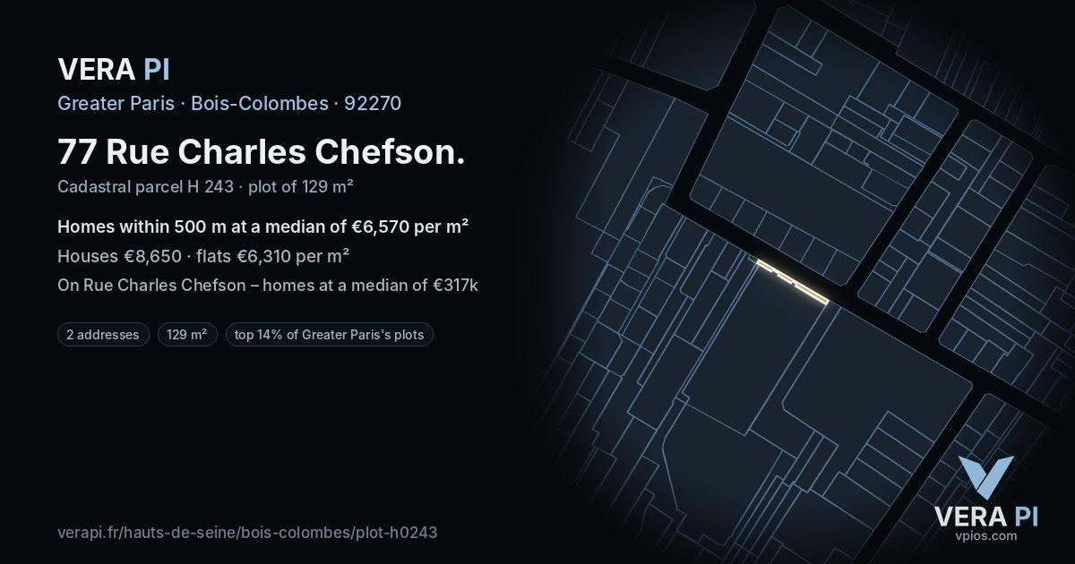 77 Rue Charles Chefson, Bois-Colombes at night – the plot lit, the parcels around coloured by the prices near them