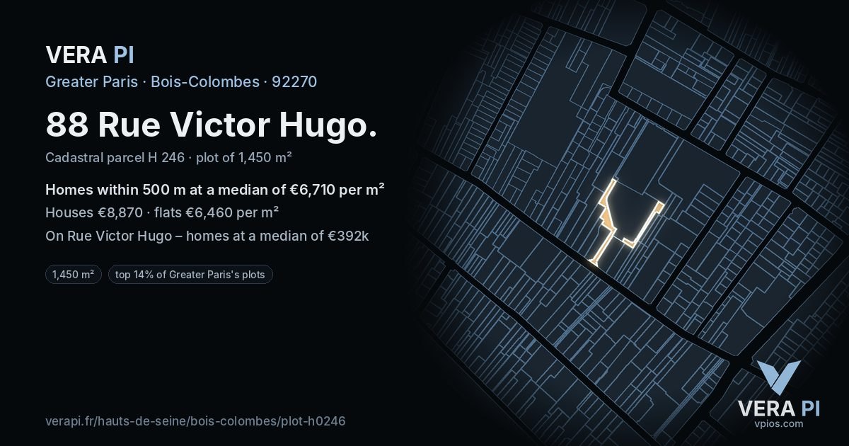 88 Rue Victor Hugo, Bois-Colombes at night – the plot lit, the parcels around coloured by the prices near them