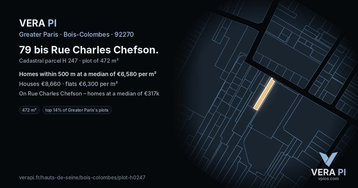 79 bis Rue Charles Chefson, Bois-Colombes at night – the plot lit, the parcels around coloured by the prices near them