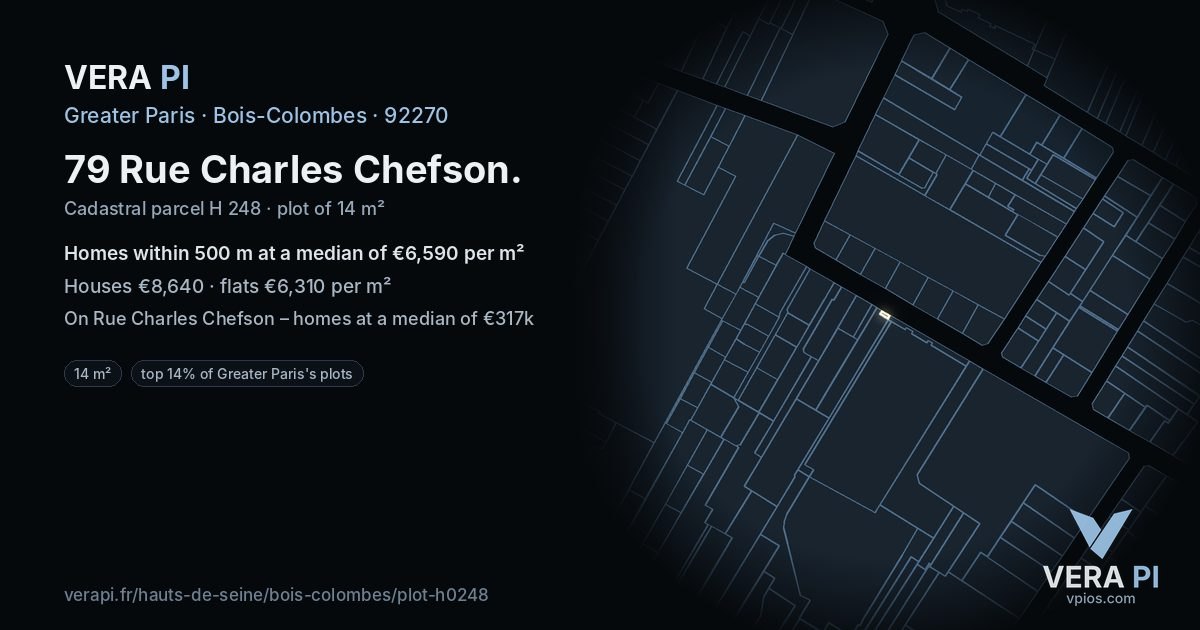 79 Rue Charles Chefson, Bois-Colombes at night – the plot lit, the parcels around coloured by the prices near them