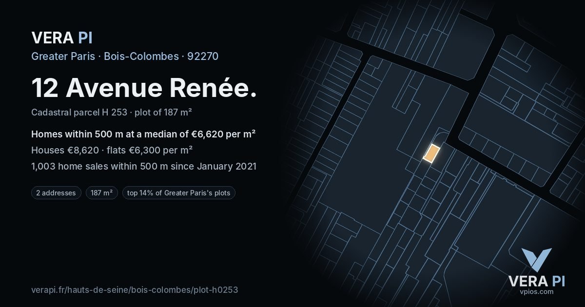 12 Avenue Renée, Bois-Colombes at night – the plot lit, the parcels around coloured by the prices near them