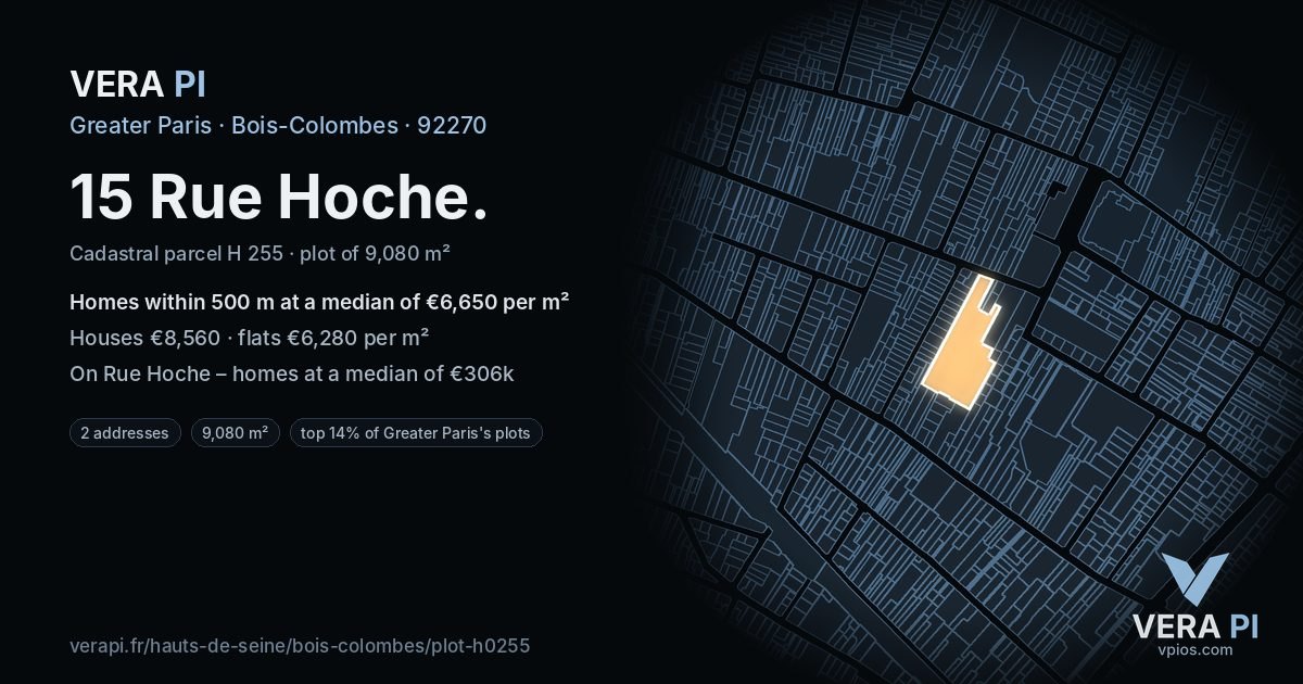 15 Rue Hoche, Bois-Colombes at night – the plot lit, the parcels around coloured by the prices near them