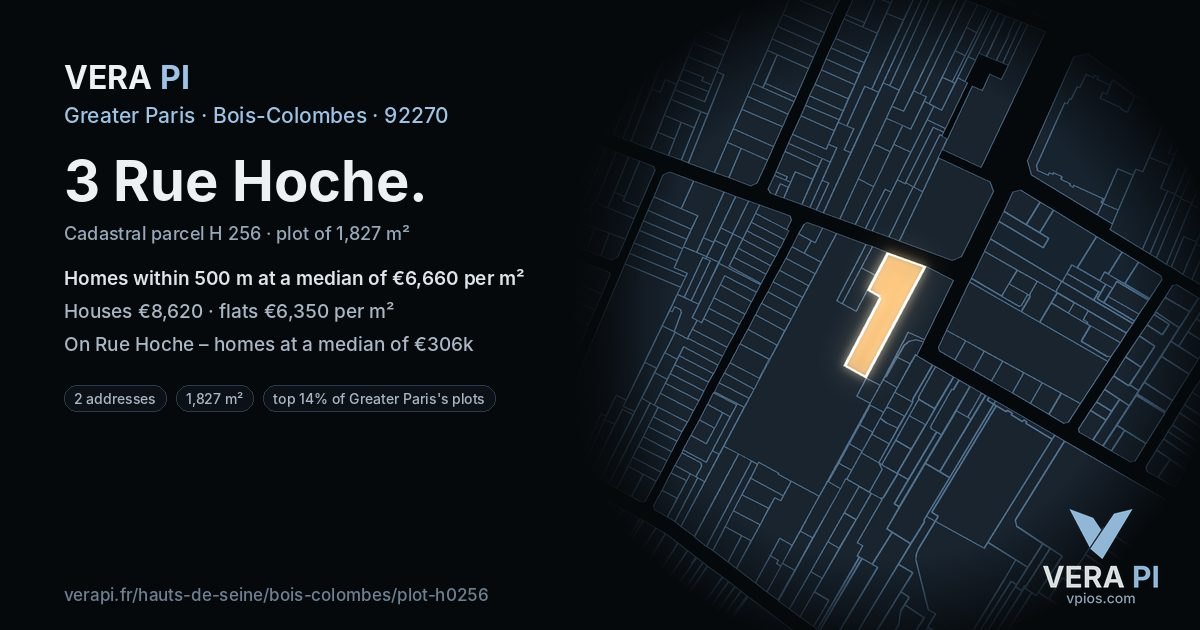 3 Rue Hoche, Bois-Colombes at night – the plot lit, the parcels around coloured by the prices near them