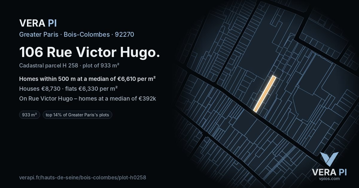 106 Rue Victor Hugo, Bois-Colombes at night – the plot lit, the parcels around coloured by the prices near them