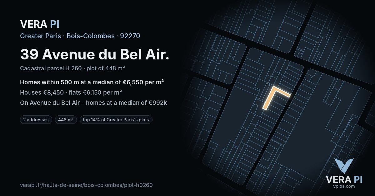39 Avenue du Bel Air, Bois-Colombes at night – the plot lit, the parcels around coloured by the prices near them