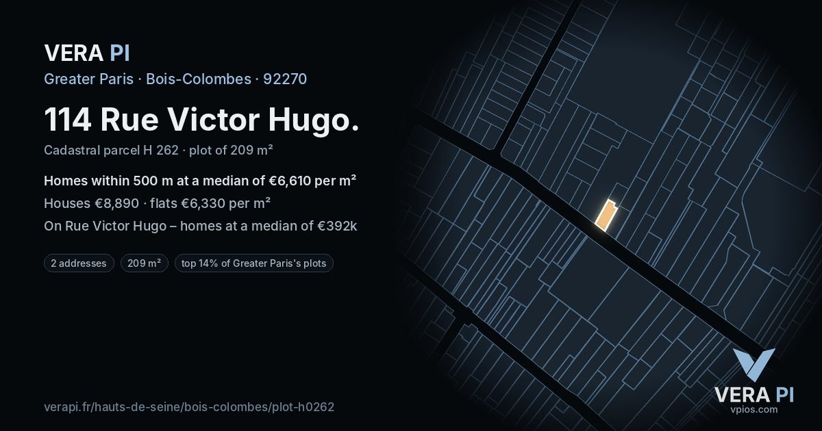 114 Rue Victor Hugo, Bois-Colombes at night – the plot lit, the parcels around coloured by the prices near them